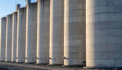 Concrete Silos in Industrial Setting at Sunset with Clear Sky