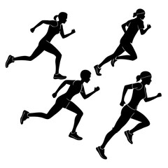 Dynamic black silhouettes of four women running in different poses showcasing speed and athleticism in a clean white background