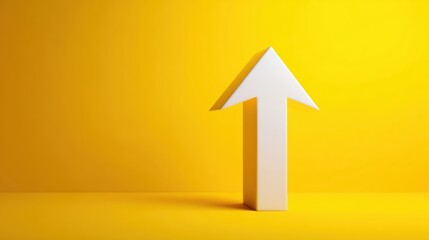 A large white 3D arrow pointing upward stands against a bright yellow background, symbolizing progress and positivity
