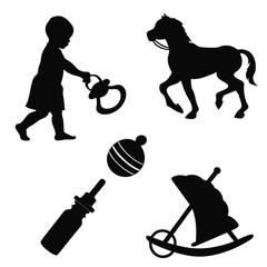 Collection of black silhouette icons representing baby items and toys including a child with a pacifier a rocking horse a rattle a baby bottle and a rocking chair