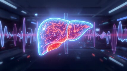 Artistic representation of a glowing human liver with digital circuits and waveforms, showcasing medical technology. - Powered by Adobe