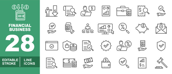 Financial Business line icon set. Editable stroke icons for Financial Business. Containing financial transaction, document audit, financial report, business finance, mobile accounting, online analytic