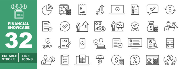 Financial Showcase line icon set. Editable stroke icons for Financial. Containing piechart, safe, receipt, growth, laptop, checklist, approval, exchange, document, confirm, upward, percentage, work