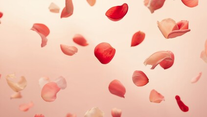 Gentle Descent of Crimson and Blush Petals, A Floral Dance in Subtle Light.