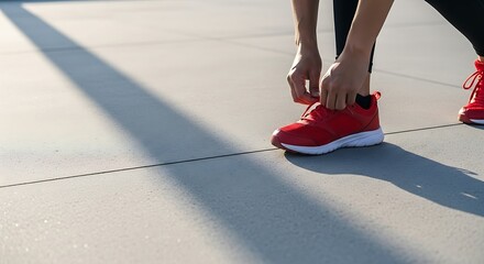 Person tying red running shoes on a sunny day, preparing for a workout or run.