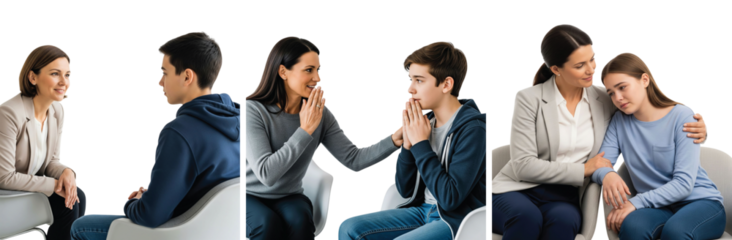 Compassionate female therapist provides counseling and support to a distressed teenage boy during a mental health therapy session with empathy