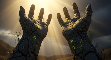 Ancient stone hands reach towards golden sunbeams, symbolizing hope and new beginnings.