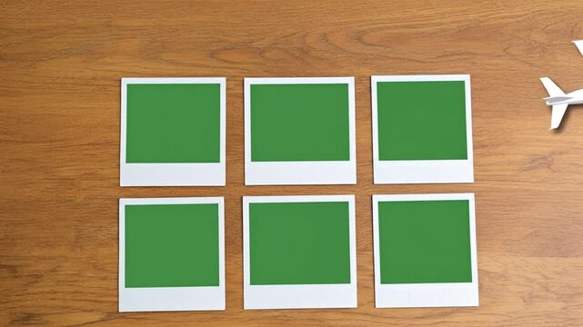Travel planning concept with a collection of blank instant photo frames with green screen for mockup on a wooden table with a plane