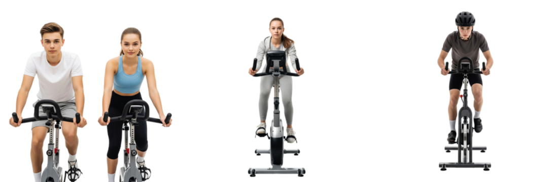A diverse group of active young men and women participating in an indoor cycling cardio workout on stationary bikes for health and fitness training
