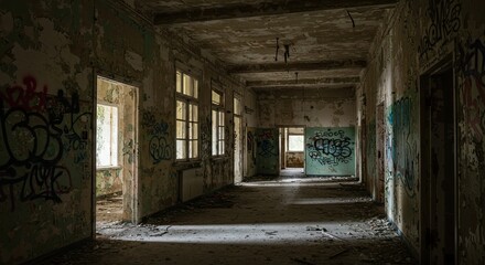 Eerie silence fills the desolate, graffiti-scarred hallway of an abandoned, decaying building, where shadows dance on peeling walls and forgotten memories linger in the dim light