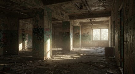 Abandoned building interior, showcasing decay, sunlight, and atmospheric effects, revealing history
