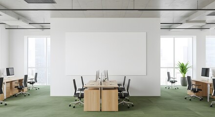 Modern Open Office Workspace with Computers and Green Plant