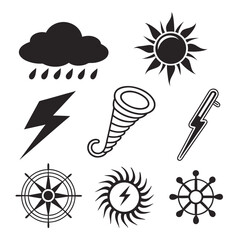 Collection of weather and nautical icons including a rain cloud sun lightning bolt tornado compass rose and ship s wheel representing natural phenomena and navigation elements