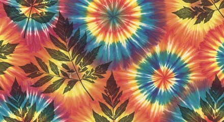 Vibrant tiedye pattern with scattered dark green leaves, creating a psychedelic and retro aesthetic for fabric design