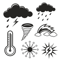 Collection of weather icons including rain clouds lightning tornado rainbow thermometer sun and sunburst with lightning representing diverse meteorological phenomena and climate conditions