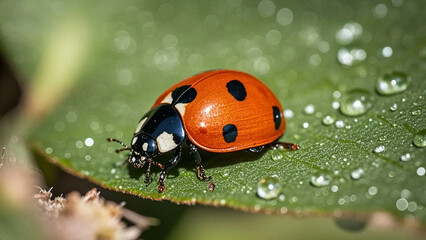 Fototapeta premium Awakening of Insects Solar Term: Ladybug on a Green Leaf for a Natural Ecology Background