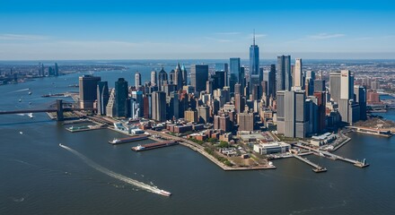 Fototapeta premium Modern Manhattan Skyline Aerial View with Skyscrapers and Waterfront in Clear Day