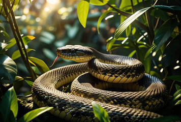 Large venomous snake coiled in lush green jungle with dramatic sunlight