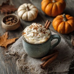 Cozy Autumn Drink with Whipped Cream and Cinnamon in a Rustic Setting with Decorative Pumpkins