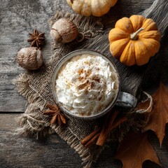 Creamy Hot Beverage with Whipped Topping and Spices Surrounded by Autumn Decorations on Rustic Wood