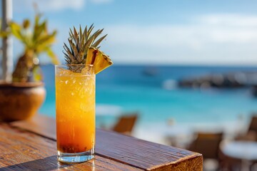 Refreshing Tropical Beverage with Pineapple Garnish on a Beachside Table Overlooking the Ocean View