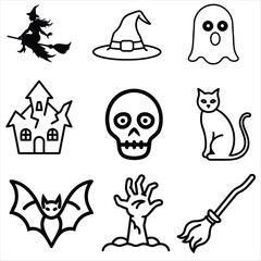 Halloween Vector Icon Set , Witch, Ghost, Skull, Cat, Haunted House, Bat, Zombie Hand and Broomstick Illustrations