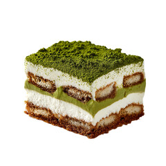 photograph of matcha tiramisu against a white background
