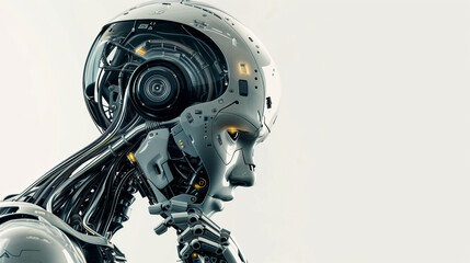 futuristic AI robot, delicately designed with a human-like face, captured in a perfect side profile view while deep in thought. 