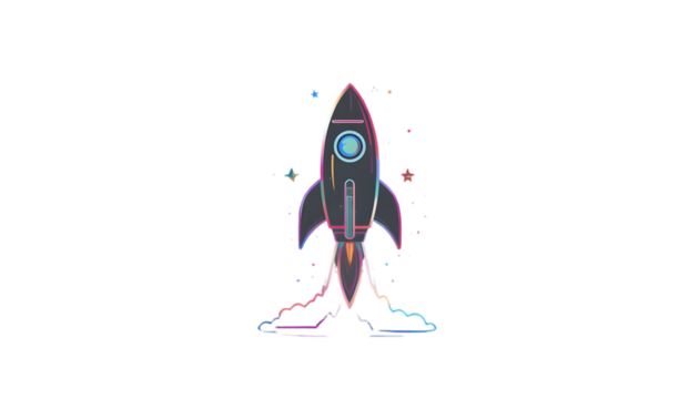 Pixelated rocket launching isolated on transparent background, symbolizing digital space travel