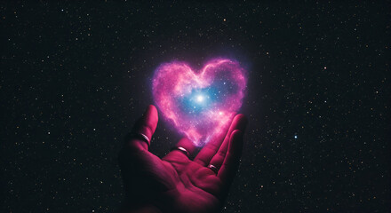 Obraz premium The universe in your hands: A heart-shaped nebula held against the cosmos