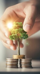 Nurturing Financial Growth With A Vibrant Tree On Stacked Coins Under Warm Sunlight