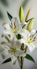 Fototapeta premium Elegant white lily flower arrangement with wheat stalks, isolated on white background