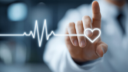 Doctor touching virtual heartbeat line with a glowing heart icon, symbolizing cardiology and modern medical technology.