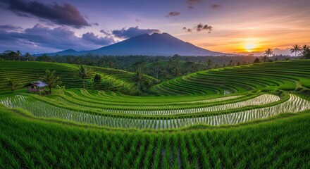 Fototapeta premium Lush Green Terraced Rice Fields and Mountain at Sunset
