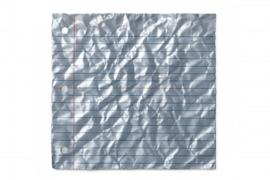 Crumpled sheet of lined notebook paper isolated on transparent background, ideal for educational or note-taking themes