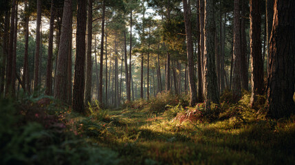 Obraz premium A view of a forest with tall trees and sunlight shining through the trees