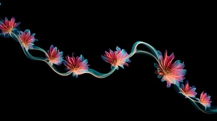 Fototapeta premium Ethereal floral ribbon drifts across black, a vibrant dance of color and light