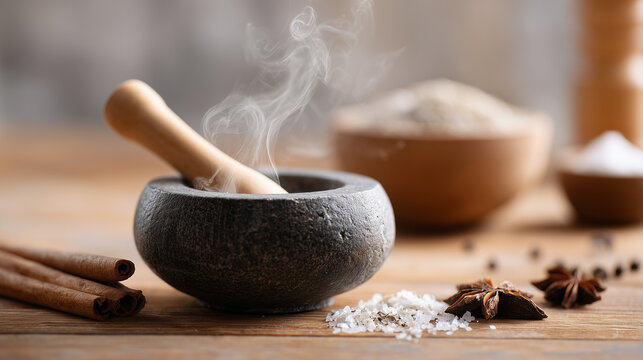 Aromatic spices with cinnamon sticks, star anise, sea salt and steaming mortar with pestle on rustic wooden table. - Powered by Adobe
