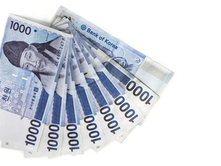 South Korean 1000 won banknote isolated on a white background. The South Korean won, also known as the Republic of Korea won, is the official currency of South Korea by the Bank of Korea.
