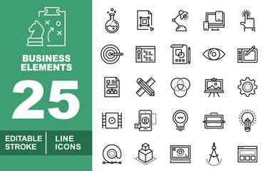 Business Elements line icon set. Editable stroke icons for Business Elements. Containing Chess, Flask, Document, Lamp, Monitor, Target, Eye, Ruler, Gear, Lightbulb, and more.