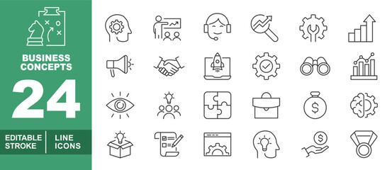 Business Concepts line icon set. Editable stroke icons for Business Concepts. Containing Chess, Brain, Teacher, Headset, Magnifier, Gear, Chart, Megaphone, Handshake, Rocket, Binoculars, Eye, Team