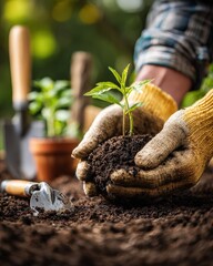 Hands with Gardening Gloves Holding Young Plant in Soil with Garden Tools on Blurred Background