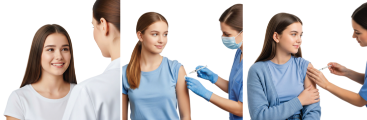 Medical collage of a smiling adolescent girl consulting with a doctor and receiving a vaccination injection from a nurse for immunity