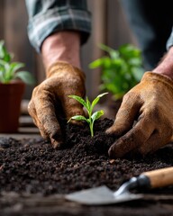 Hands of Gardener Planting Green Seedling into Rich Dark Soil for Home Gardening and Sustainable Living