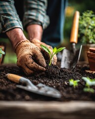 Hands of a Gardener Planting Seedling in Rich Soil with Gardening Tools in Nature's Tranquil Setting