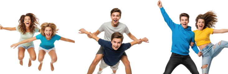 Set of energetic young friends having fun and jumping with excitement. Happy teenagers expressing joy and freedom on a white background