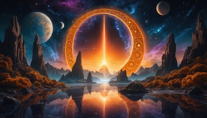 Cosmic portal over alien landscape with reflective water