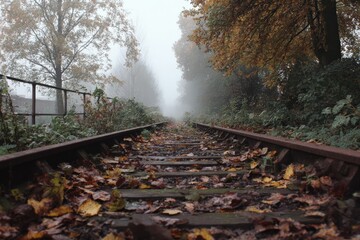 Foggy Autumn Scene with Railroad Tracks Surrounded by Colorful Leaves and Trees in a Mysterious Atmosphere