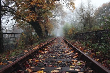 Tranquil Autumn Scene with Railway Tracks Surrounded by Colorful Leaves and Misty Atmosphere