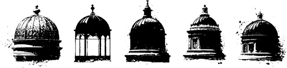 Grunge black and white illustration set of ornate domes with vintage distress